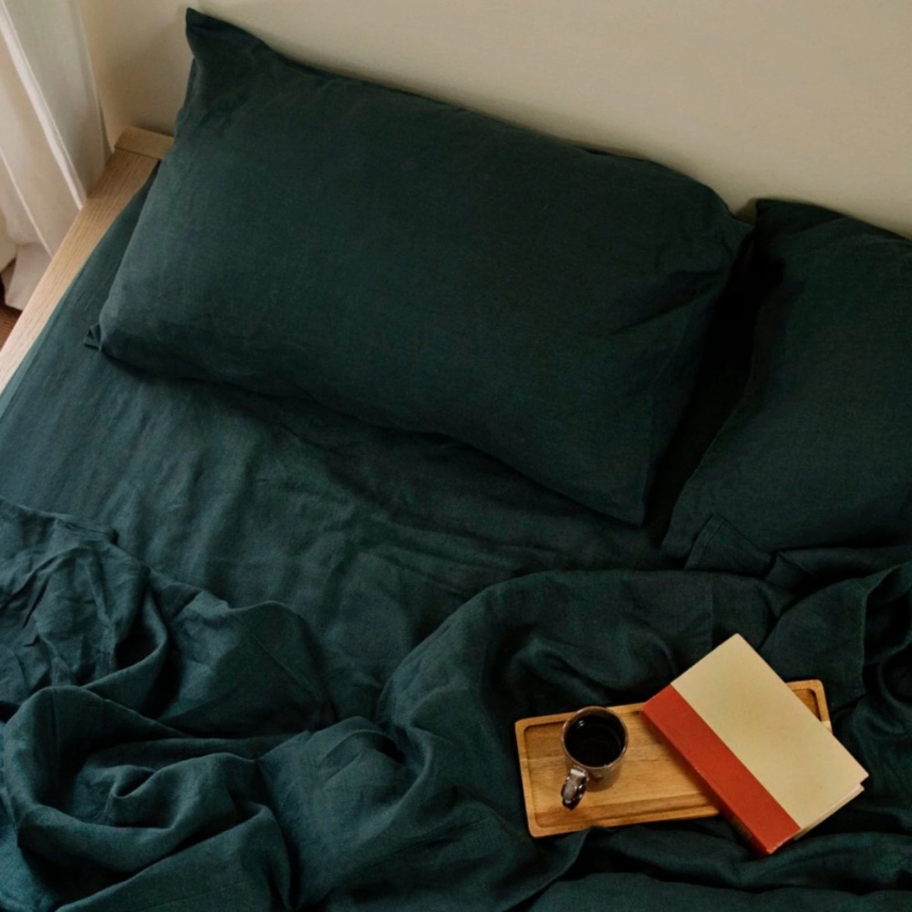 Rough Linen OrkneyForest Green Linen Sheet set Queen